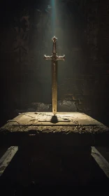 Legendary Sword Piercing a Stone in Mystical Setting