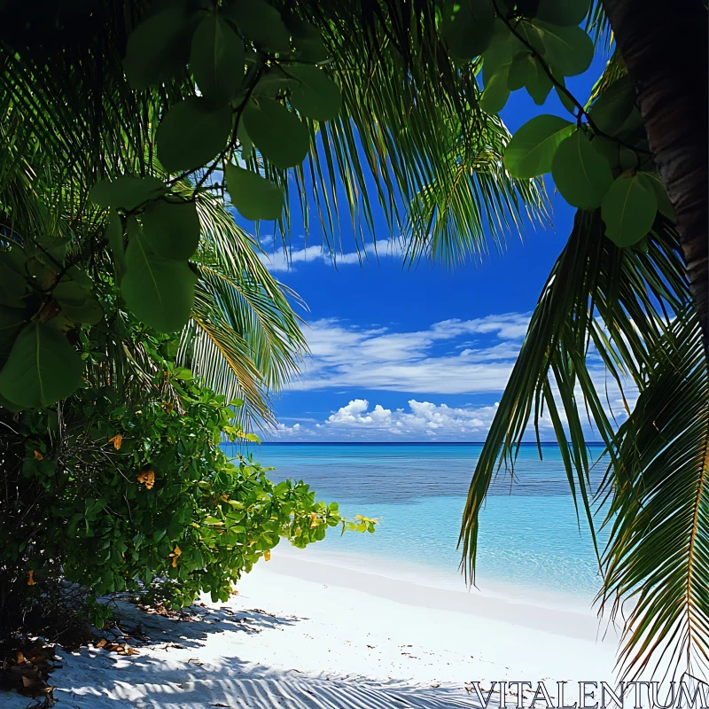 Idyllic Island Beach with Azure Sea and Palm Leaves AI Image