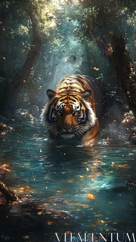 Tiger in Tranquil Forest Waterscape AI Image