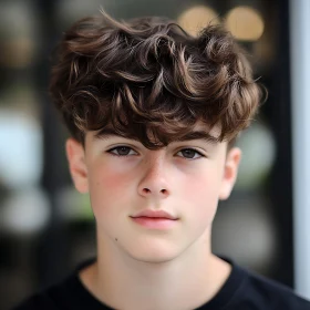 Young Boy with Curly Hair and Calm Expression