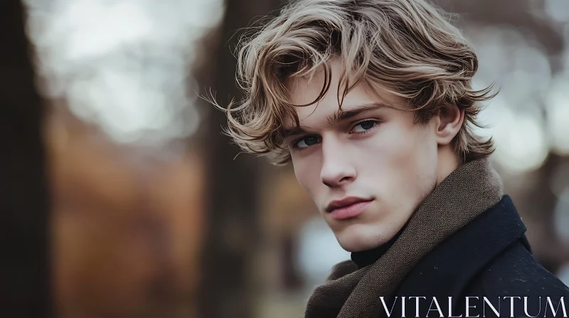 Young Man in Dark Coat and Scarf AI Image