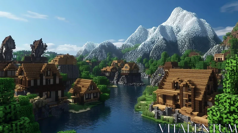 AI ART Tranquil Minecraft Village and Majestic Mountains