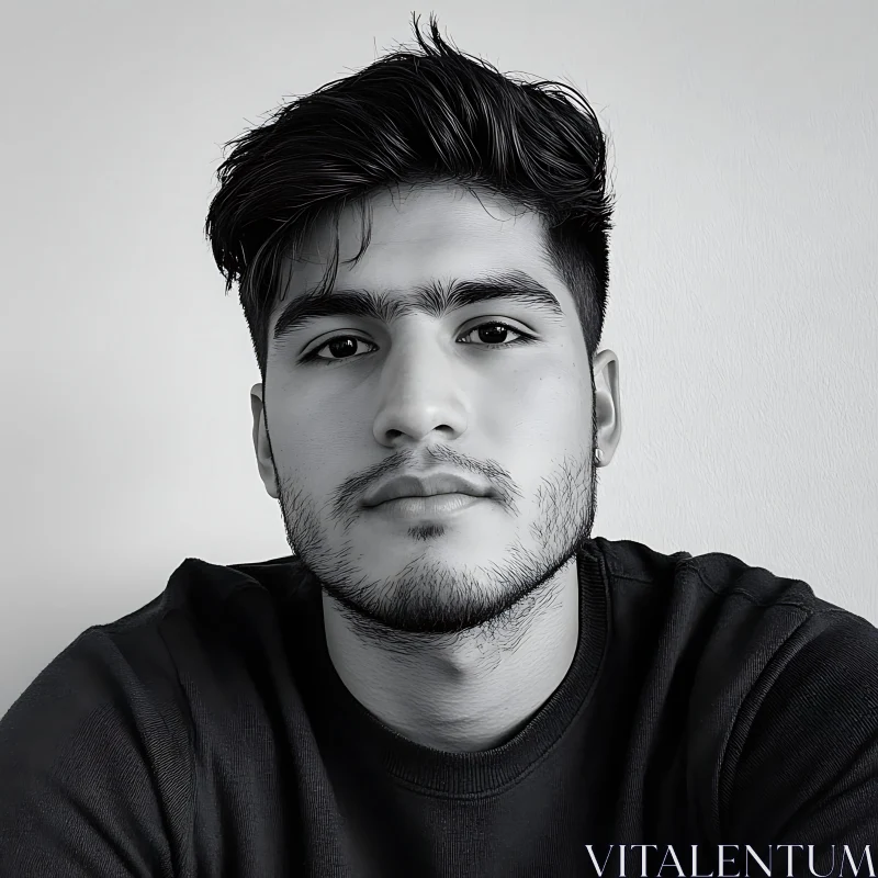 Black and White Close-Up Portrait of a Young Man AI Image