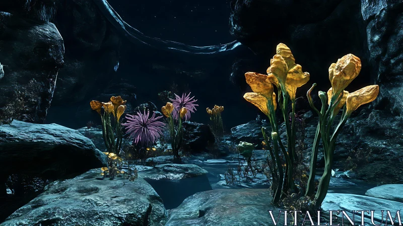 AI ART Illuminated Underground Plants in a Mystical Cave Environment