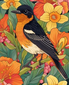 Colorful Bird Amongst Flowers Art