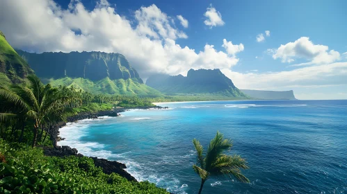 Idyllic Seascape with Green Mountains and Palms