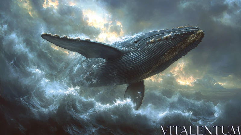 Giant Whale Breaching Amidst a Powerful Ocean Storm AI Image