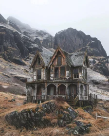 Eerie Abandoned House with Mountain Backdrop