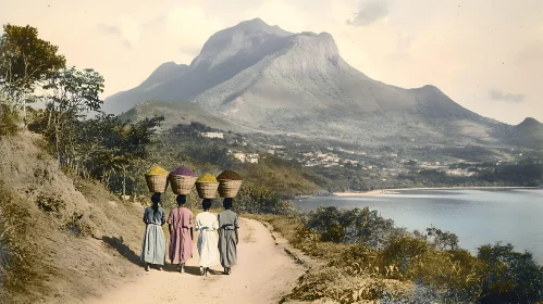 Serene Mountain and Coastline with Women and Baskets