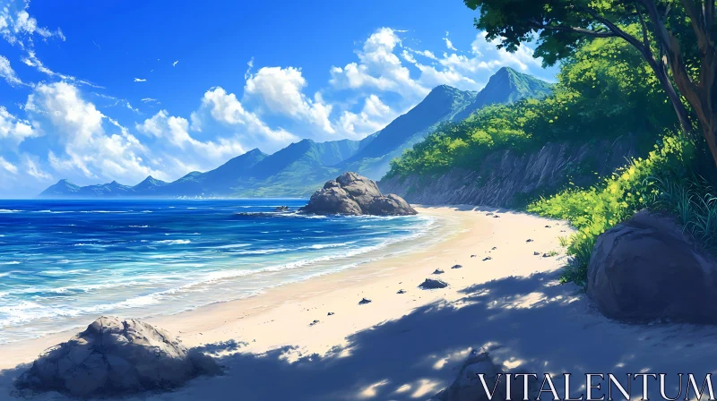 Serene Beach Scene with Ocean and Mountains AI Image