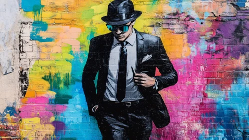 Colorful Street Mural of Man in Black Suit