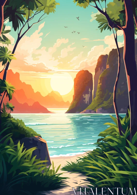 Tropical Island Sunset AI Image