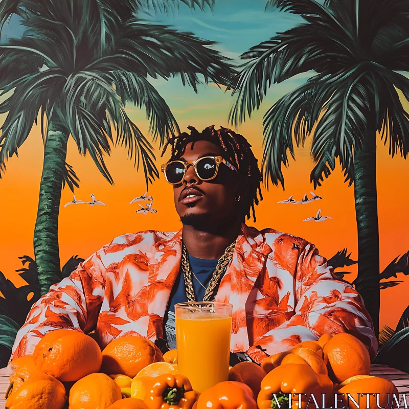 Tropical Fashion with Vibrant Oranges and Palms AI Image