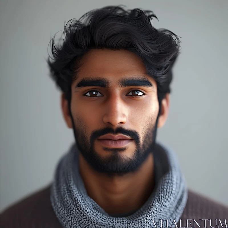 Expressive Man Portrait with Grey Scarf AI Image