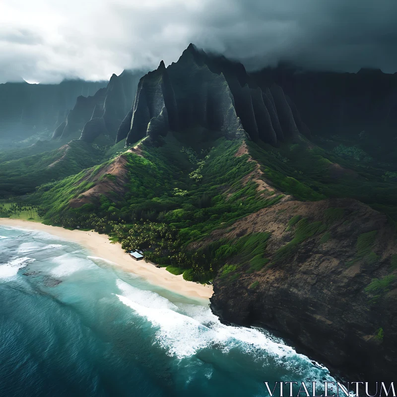 Island Paradise: Mountains, Beach, and Ocean AI Image