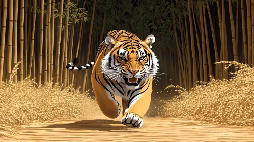 Tiger in Action in Bamboo Jungle