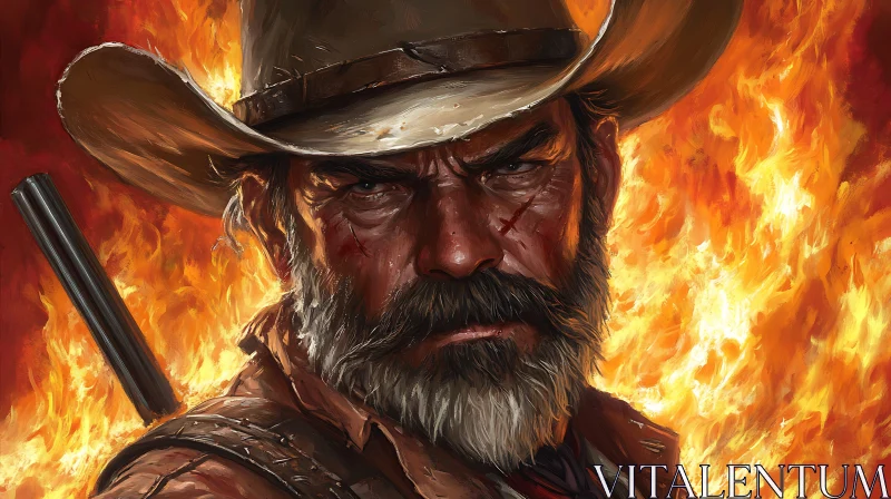 Stern Cowboy Against Flames AI Image