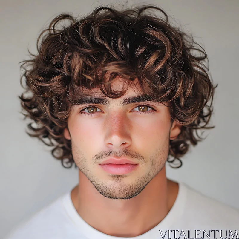 Young Man's Expressive Curly Hair Portrait AI Image