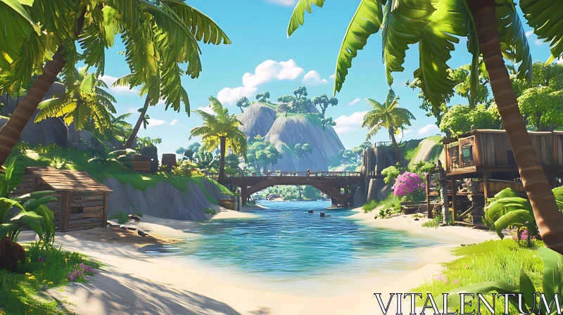 Peaceful Beach Scene with Lush Vegetation and Bridge AI Image