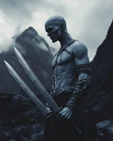 Dark Fantasy Warrior with Swords in Mountainous Terrain