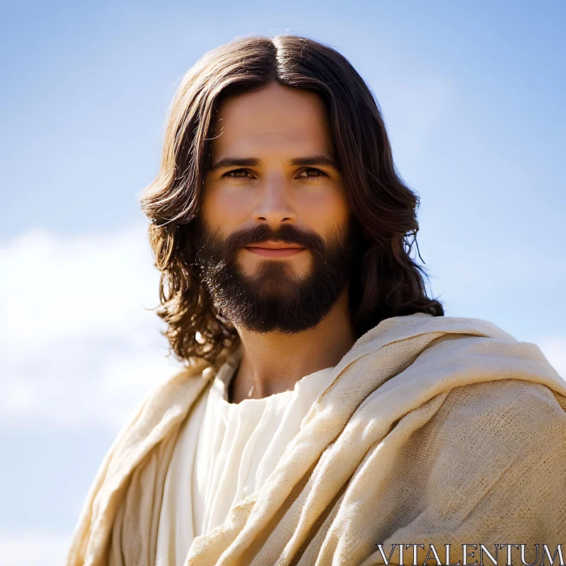 Tranquil Man with Beard and Long Hair with Clear Sky AI Image