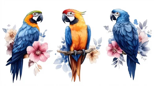 Colorful Parrots Among Delicate Blooms