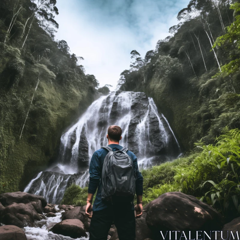 Solitary Trekker in Front of Grand Waterfall AI Image