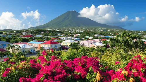 Scenic Village at Mountain Base with Vibrant Colors