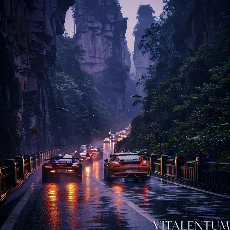 AI ART Cars on a Rainy Mountain Road