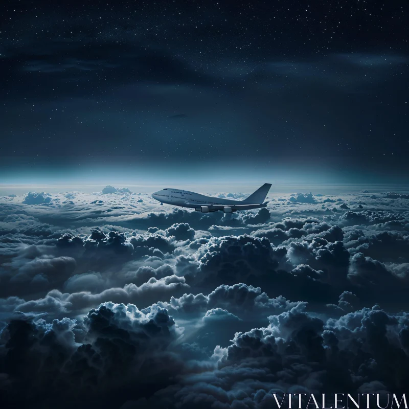 Airplane Above Clouds at Night AI Image