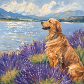 Golden Retriever Amid Lavender and Lakescape