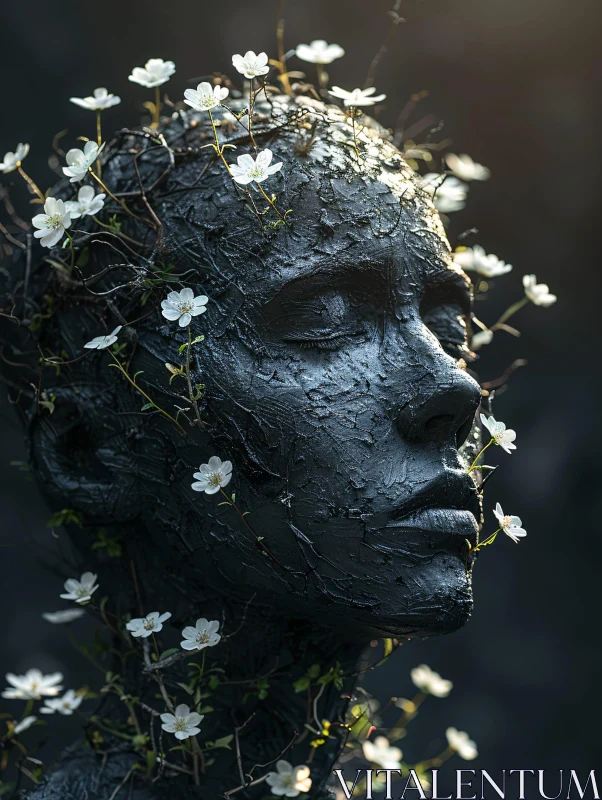 AI ART Sculptural Face Adorned with Nature