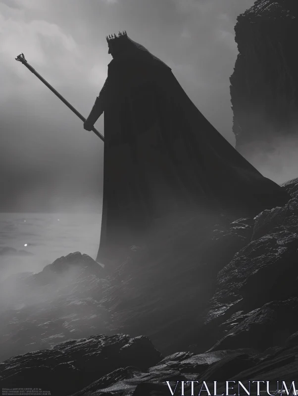 Shadowy Royal Figure on Misty Cliff AI Image