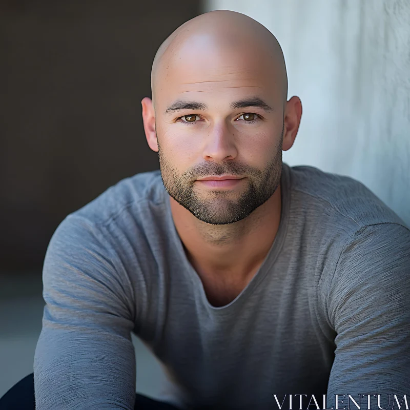 Bald Man with Gray Shirt and Trimmed Beard AI Image