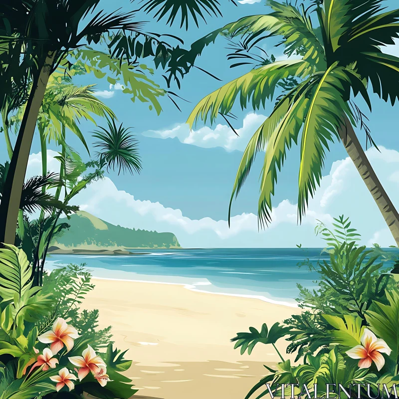 Tropical Paradise Beach Scene with Lush Greenery AI Image