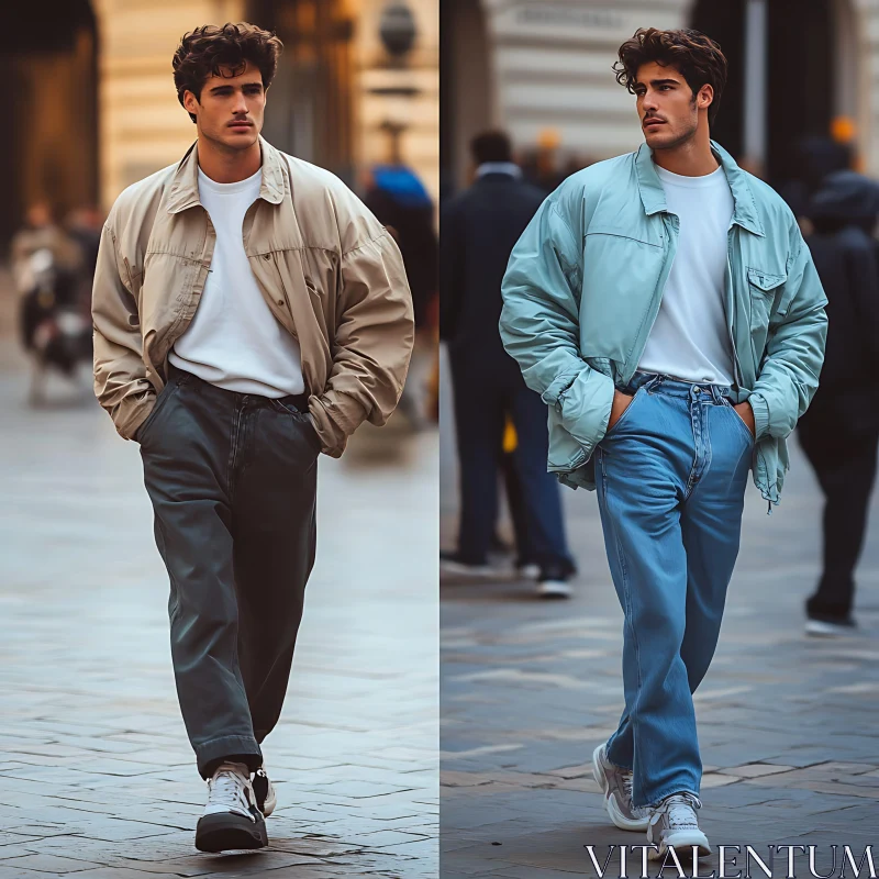 Men's Urban Fashion: Beige and Blue Jackets AI Image