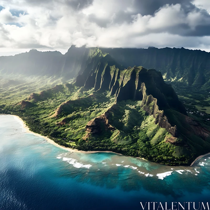 Tropical Island Aerial View with Mountains and Ocean AI Image