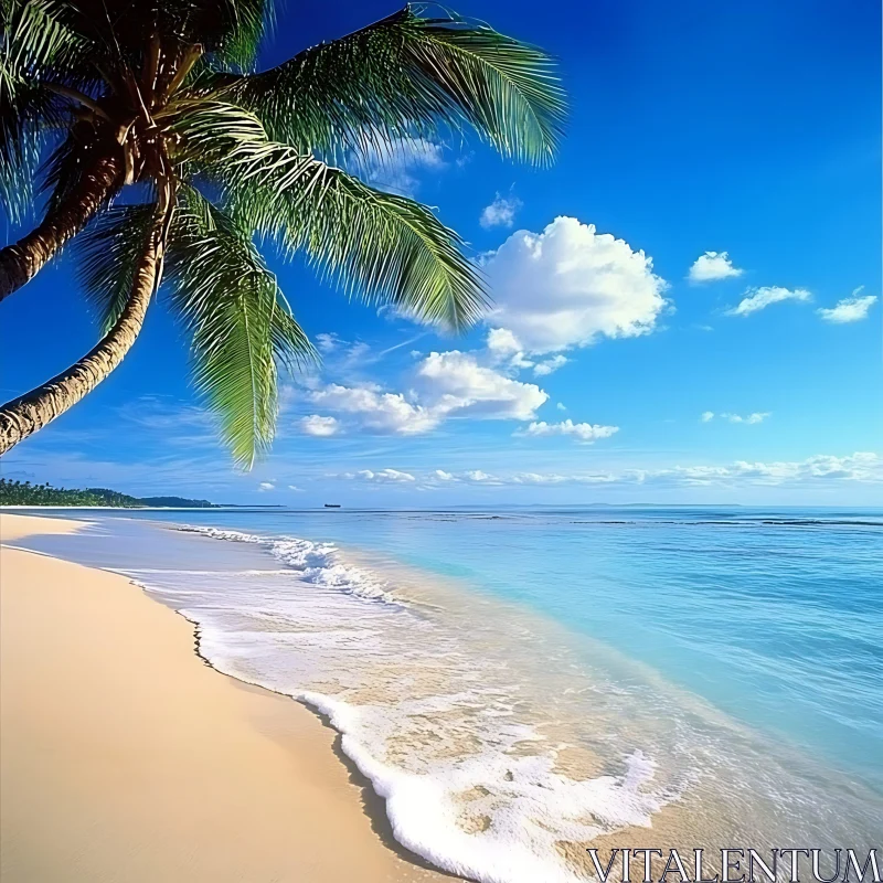 Tranquil Beach Scene with Palm Tree and Gentle Waves AI Image