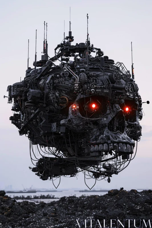 AI ART Hovering Technological Skull with Red Eyes