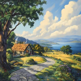 Scenic Nature Landscape with Cottage and Serene Lake