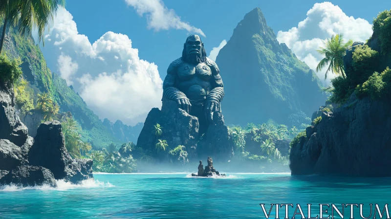 Mysterious Island with Giant Gorilla Statue AI Image