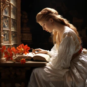 Vintage Elegance: Woman with Book and Flowers
