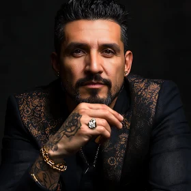 Thoughtful Man with Tattoos and Ornate Jacket