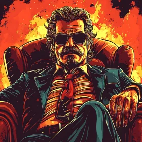 Tough Man in Sunglasses Against Fire Background