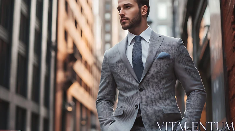 Confident Man in Grey Suit Amidst Cityscape