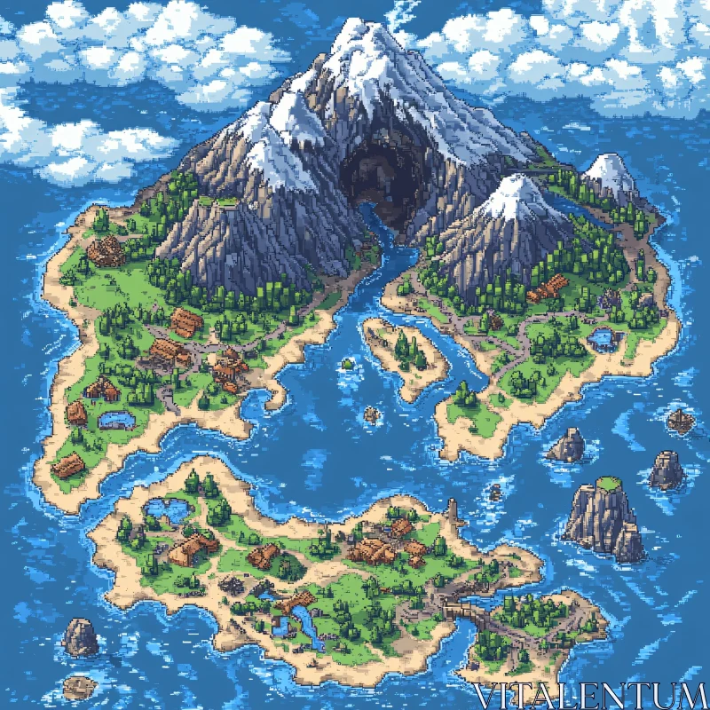 Pixel Art Island with Mountains and Villages