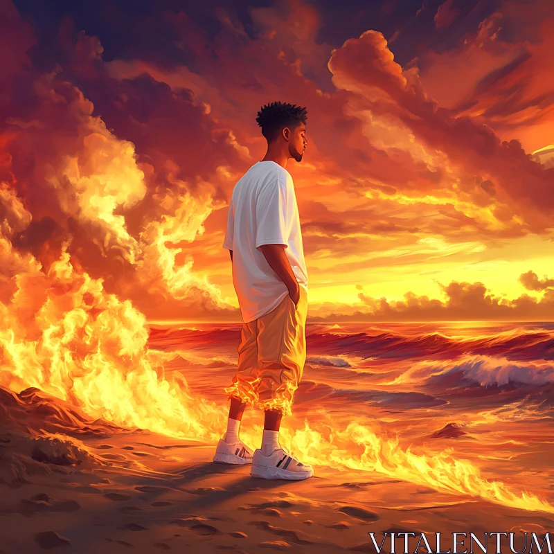 Man Standing on Fiery Beach at Dusk