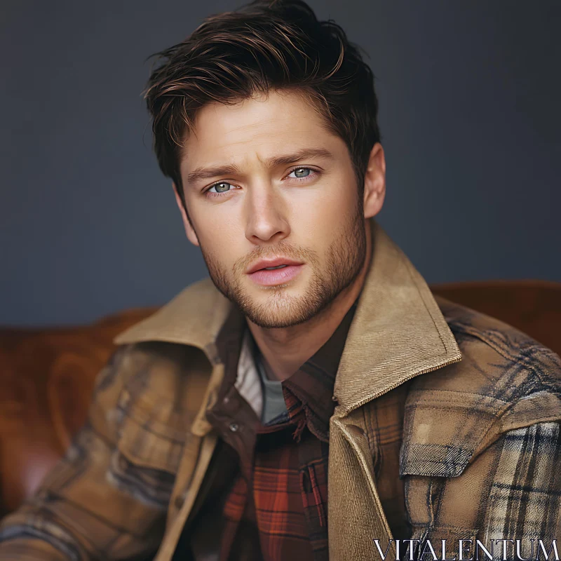Young Man with Blue Eyes in a Plaid Shirt