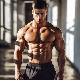 Man with Defined Muscles Stands in Dim Light