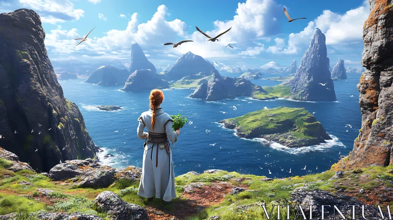 Woman Amidst Nature's Grandeur by the Sea AI Image
